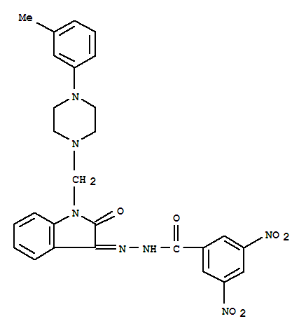 Molecular Structure of 100696-27-3 (Benzoic acid,3,5-dinitro-,2-[1,2-dihydro-1-[[4-(3-methylphenyl)-1-piperazinyl]methyl]-2-oxo-3H-indol-3-ylidene]hydrazide)