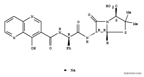 Molecular Structure of 58795-03-2 (4-Thia-1-azabicyclo[3.2.0]heptane-2-carboxylic acid, 6-[[[[(4-hydroxy-1,5-naphthyridin-3-yl)carbonyl]amino]phenylacetyl]amino]-3,3-dimethyl-7-oxo-, monosodium salt, [2S-[2alpha,5alpha,6beta(S*)]]-)