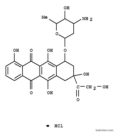 Molecular Structure of 64248-76-6 (3,5,10,12-tetrahydroxy-3-(hydroxyacetyl)-6,11-dioxo-1,2,3,4,6,11-hexahydrotetracen-1-yl 3-amino-2,3,6-trideoxyhexopyranoside hydrochloride (1:1))