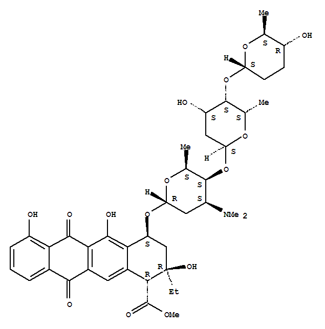 64431-68-1,methyl (1R,2R,4S)-2-ethyl-2,5,7-trihydroxy-6,11-dioxo-4-{[2,3,6-trideoxy-4-O-{2,6-dideoxy-4-O-[(2S,5R,6S)-5-hydroxy-6-methyltetrahydro-2H-pyran-2-yl]-alpha-L-lyxo-hexopyranosyl}-3-(dimethylamino)-alpha-L-lyxo-hexopyranosyl]oxy}-1,2,3,4,6,11-hexahydrotetra,1-Naphthacenecarboxylicacid,2-ethyl-1,2,3,4,6,11-hexahydro-2,5,7-trihydroxy-6,11-dioxo-4-[[2,3,6-trideoxy-4-O-[2,6-dideoxy-4-O-[[2S-(2a,5a,6b)]-tetrahydro-5-hydroxy-6-methyl-2H-pyran-2-yl]-a-L-lyxo-hexopyranosyl]-3-(dimethylamino)-a-L-lyxo-hexopyranosyl]oxy]-,methyl ester, [1R-(1a,2b,4b)]-; Aclacinomycin M; Antibiotic MA 144M1; MA 144M1