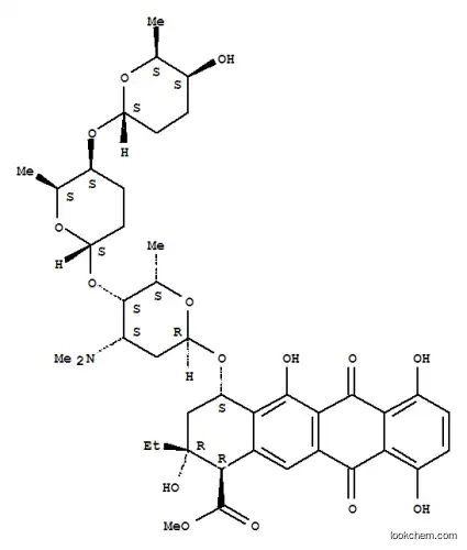 Molecular Structure of 64502-82-5 (1-Naphthacenecarboxylicacid,2-ethyl-1,2,3,4,6,11-hexahydro-2,5,7,10-tetrahydroxy-6,11-dioxo-4-[[2,3,6-trideoxy-3-(dimethylamino)-4-O-[(2S,5S,6S)-tetrahydro-6-methyl-5-[[(2S,5S,6S)-tetrahydro-5-hydroxy-6-methyl-2H-pyran-2-yl]oxy]-2H-pyran-2-yl]-a-L-lyxo-he)