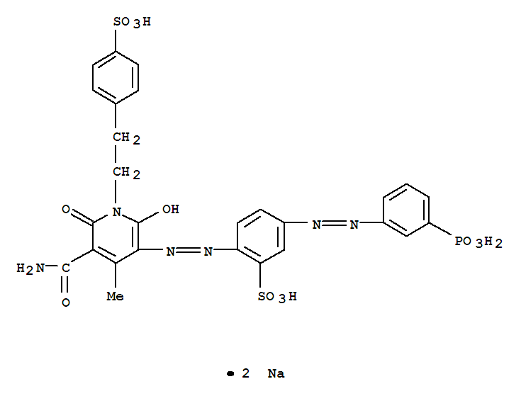 68992-04-1,disodium 2-[[5-carbamoyl-1,6-dihydro-2-hydroxy-4-methyl-6-oxo-1-[2-(4-sulphonatophenyl)ethyl]-3-pyridyl]azo]-5-[(3-phosphonophenyl)azo]benzenesulphonate,Benzenesulfonicacid,2-[[5-(aminocarbonyl)-1,6-dihydro-2-hydroxy-4-methyl-6-oxo-1-[2-(4-sulfophenyl)ethyl]-3-pyridinyl]azo]-5-[(3-phosphonophenyl)azo]-,disodium salt (9CI)