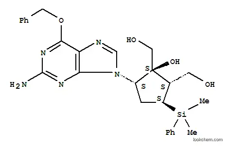 Molecular Structure of 701278-05-9 ([(1S,2S,3S,5S)-5-[2-Amino-6-(benzyloxy)-9H-purin-9-yl]-3-[dimethyl(phenyl)silyl]-1-hydroxycyclopentane-1,2-diyl]dimethanol)