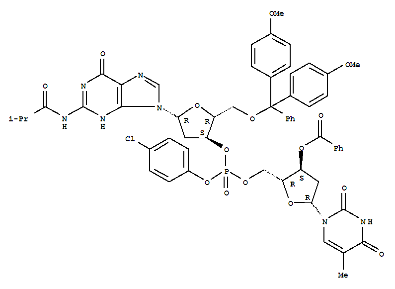 71459-57-9,Thymidine,5'-O-[bis(4-methoxyphenyl)phenylmethyl]-P-(4-chlorophenyl)-2'-deoxy-N-(2-methyl-1-oxopropyl)guanylyl-(3'®5')-, 3'-benzoate (9CI),Guanosine,3'-O-benzoyl-P-(4-chlorophenyl)thymidylyl-(5'®3')-5'-O-[bis(4-methoxyphenyl)phenylmethyl]-2'-deoxy-N-(2-methyl-1-oxopropyl)-
