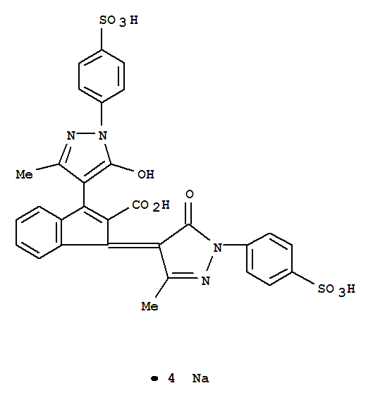 85006-14-0,tetrasodium 1-[1,5-dihydro-3-methyl-5-oxo-1-(4-sulphonatophenyl)-4H-pyrazol-4-ylidene]-3-[3-methyl-5-oxido-1-(4-sulphonatophenyl)-1H-pyrazol-4-yl]-1H-indene-2-carboxylate,1H-Indene-2-carboxylicacid,1-[1,5-dihydro-3-methyl-5-oxo-1-(4-sulfophenyl)-4H-pyrazol-4-ylidene]-3-[5-hydroxy-3-methyl-1-(4-sulfophenyl)-1H-pyrazol-4-yl]-,tetrasodium salt (9CI)