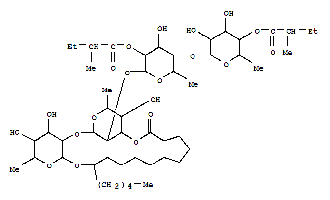 Molecular Structure of 101394-95-0 (Hexadecanoic acid,11-[[O-6-deoxy-4-O-[(2S)-2-methyl-1-oxobutyl]-b-D-galactopyranosyl-(1®4)-O-6-deoxy-2-O-[(2S)-2-methyl-1-oxobutyl]-a-L-mannopyranosyl-(1®2)-O-6-deoxy-b-D-glucopyranosyl-(1®2)-6-deoxy-b-D-glucopyranosyl]oxy]-,intramol. 1,3''-ester, (11R)- (9CI))