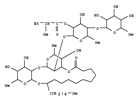 101394-97-2,Hexadecanoic acid,11-[[O-6-deoxy-b-D-galactopyranosyl-(1®4)-O-6-deoxy-2-O-[(2S)-2-methyl-1-oxobutyl]-a-L-mannopyranosyl-(1®2)-O-6-deoxy-b-D-glucopyranosyl-(1®2)-6-deoxy-b-D-glucopyranosyl]oxy]-,intramol. 1,3''-ester, (11R)- (9CI),Hexadecanoicacid, 11-[[O-6-deoxy-b-D-galactopyranosyl-(1®4)-O-(S)-6-deoxy-2-O-(2-methyl-1-oxobutyl)-a-L-mannopyranosyl-(1®2)-O-6-deoxy-b-D-glucopyranosyl-(1®2)-6-deoxy-b-D-glucopyranosyl]oxy]-, intramol. 1,3''-ester, (R)-;2,6-Methano-4H,8H,21H-pyrano[3,2-d][1,3,6,18]tetraoxacycloheneicosin,hexadecanoic acid deriv.; Glycoside Mb 5; Muricatic acid B 5; Muricatin V