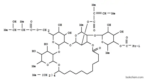 Molecular Structure of 101395-00-0 (Hexadecanoic acid,11-[[O-6-deoxy-4-O-(2-methyl-1-oxopropyl)-b-D-glucopyranosyl-(1®4)-O-6-deoxy-2-O-[(2E)-2-methyl-1-oxo-2-butenyl]-a-L-mannopyranosyl-(1®2)-O-6-O-[(2S,3S)-3-hydroxy-2-methyl-1-oxobutyl]-b-D-glucopyranosyl-(1®2)-6-deoxy-b-D-galactopyranosyl]oxy]-,intramol. 1,3'''-ester, (11R)- (9CI))