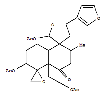 101416-48-2,Dispiro[furan-3(2H),1'(5'H)-naphthalene-5',2''-oxiran]-4'(4'aH)-one,2,6'-bis(acetyloxy)-4'a-[(acetyloxy)methyl]-5-(3-furanyl)octahydro-2'-methyl-,(1'R,2R,2'R,2''R,4'aS,5S,6'S,8'aR)- (9CI),Dispiro[furan-3(2H),1'(5'H)-naphthalene-5',2''-oxiran]-4'(4'aH)-one,2,6'-bis(acetyloxy)-4'a-[(acetyloxy)methyl]-5-(3-furanyl)octahydro-2'-methyl-,[1'R-[1'a(2R*,5S*),2'a,4'aa,5'a,6'b,8'ab]]-; Teulanigin