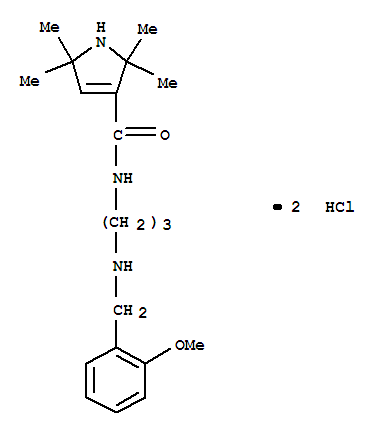 Molecular Structure of 102131-89-5 (1H-Pyrrole-3-carboxamide,2,5-dihydro-N-[3-[[(2-methoxyphenyl)methyl]amino]propyl]-2,2,5,5-tetramethyl-,hydrochloride (1:2))