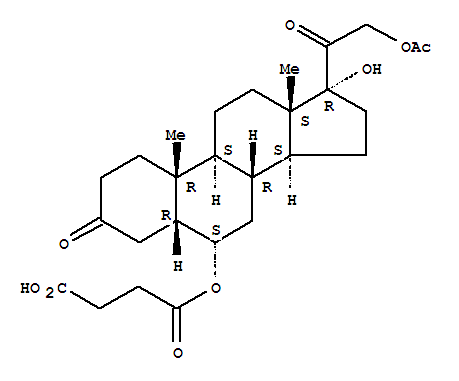 Molecular Structure of 102586-28-7 (Pregnane-3,20-dione,21-(acetyloxy)-6-(3-carboxy-1-oxopropoxy)-17-hydroxy-, (5b,6a)- (9CI))
