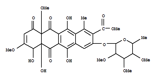 Molecular Structure of 103745-25-1 (2-Naphthacenecarboxylicacid, 3-[(6-deoxy-2,3,4-tri-O-methyl-a-L-mannopyranosyl)oxy]-6,6a,7,10,10a,11-hexahydro-5,6a,7,12-tetrahydroxy-8,10a-dimethoxy-1-methyl-6,10,11-trioxo-,methyl ester, (6aR,7S,10aR)- (9CI))