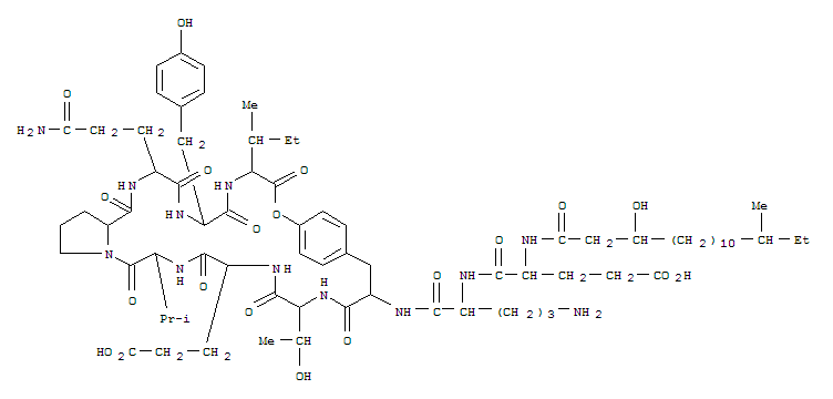 103955-74-4,N-(3-hydroxy-14-methylhexadecanoyl)-alpha-glutamyl-N-[3-(3-amino-3-oxopropyl)-23-(2-carboxyethyl)-6-(4-hydroxybenzyl)-20-(1-hydroxyethyl)-26-(1-methylethyl)-9-(1-methylpropyl)-1,4,7,10,18,21,24,27-octaoxo-1,2,3,4,5,6,7,8,9,10,16,17,18,19,20,21,22,23,24,25,PlipastatinA 1, 1-[N-(3-hydroxy-14-methyl-1-oxohexadecyl)-L-glutamic acid]-6-D-valine-,[R-(R*,S*)]-; 12,15-Ethenopyrrolo[2,1-l][1,4,7,10,13,16,19,22]oxaheptaazacyclononacosine,cyclic peptide deriv.; L-Isoleucine,N-[N-[N2-[1-[N-[N-[N-[N-[N2-[N-(3-hydroxy-14-methyl-1-oxohexadecyl)-L-a-glutamyl]-D-ornithyl]-L-tyrosyl]-D-allothreonyl]-L-a-glutamyl]-D-valyl]-L-prolyl]-L-glutaminyl]-D-tyrosyl]-,g1-lactone, [R-(R*,S*)]-;SNA-60-367-12