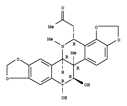 104574-44-9,2-Propanone,1-[(5bR,6R,7R,12bR,14R)-5b,6,7,12b,13,14-hexahydro-6,7-dihydroxy-5b,13-dimethyl-1,3-dioxolo[4,5-i][1,3]dioxolo[4,5]benzo[1,2-c]phenanthridin-14-yl]-,2-Propanone,1-[(5bR,6R,7R,12bR,14R)-5b,6,7,12b,13,14-hexahydro-6,7-dihydroxy-5b,13-dimethyl[1,3]benzodioxolo[5,6-c]-1,3-dioxolo[4,5-i]phenanthridin-14-yl]-(9CI); Chelidonine, 12-hydroxy-13-methyl-6-(2-oxopropyl)-, (6a,12a)-; (+)-6-Acetonyl-12-hydroxycorynoline;(+)-Bulleyanaline; Bulleyanaline