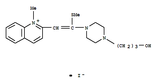 Molecular Structure of 104664-37-1 (Quinolinium,2-[2-[4-(3-hydroxypropyl)-1-piperazinyl]-2-(methylthio)ethenyl]-1-methyl-,iodide (1:1))