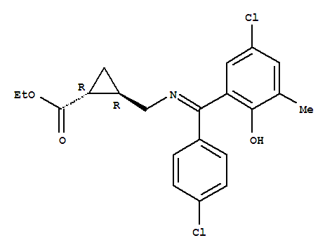 Molecular Structure of 104775-21-5 (Cyclopropanecarboxylicacid,2-[[[(5-chloro-2-hydroxy-3-methylphenyl)(4-chlorophenyl)methylene]amino]methyl]-,ethyl ester, trans- (9CI))