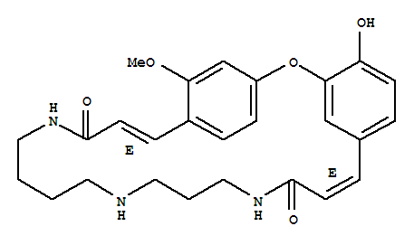 Molecular Structure of 104899-66-3 (2-Oxa-11,15,20-triazatricyclo[22.2.2.13,7]nonacosa-3,5,7(29),8,22,24,26,27-octaene-10,21-dione,4-hydroxy-25-methoxy-, (8E,22E)- (9CI))