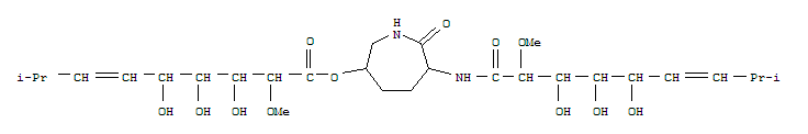 104975-72-6,D-gulo-Non-6-enonicacid, 6,7,8,9-tetradeoxy-8-methyl-2-O-methyl-,(3S,6S)-hexahydro-7-oxo-6-[[(6E)-6,7,8,9-tetradeoxy-8-methyl-2-O-methyl-D-gulo-non-6-enonoyl]amino]-1H-azepin-3-ylester, (6E)- (9CI),D-gulo-Non-6-enonicacid, 6,7,8,9-tetradeoxy-8-methyl-2-O-methyl-,hexahydro-7-oxo-6-[(6,7,8,9-tetradeoxy-8-methyl-2-O-methyl-D-gulo-non-6-enonoyl)amino]-1H-azepin-3-ylester, [1[3S,6S(E)],6E]-; Bengamide C