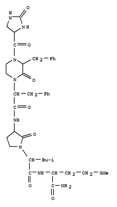 Molecular Structure of 106121-83-9 (1-Piperazineacetamide,N-[(3R)-1-[(3R)-1-[[[(1S)-1-(aminocarbonyl)-3-(methylthio)propyl]amino]carbonyl]-3-methylbutyl]-2-oxo-3-pyrrolidinyl]-2-oxo-4-[[(4S)-2-oxo-4-imidazolidinyl]carbonyl]-a,3-bis(phenylmethyl)-, (aS)- (9CI))