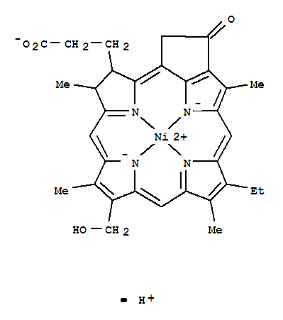 114571-91-4,tunichlorin,Nickelate(1-),[14-ethyl-9-(hydroxymethyl)-4,8,13,18-tetramethyl-20-oxo-3-phorbinepropanoato(3-)-N23,N24,N25,N26]-,hydrogen, [SP-4-2-(3S-trans)]-; 3-Phorbinepropanoic acid,14-ethyl-9-(hydroxymethyl)-4,8,13,18-tetramethyl-20-oxo-, nickel complex,(3S-trans)-; Phorbine, nickelate(1-) deriv.; Tunichlorin