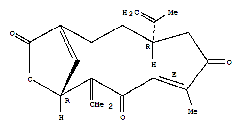 Molecular Structure of 118025-69-7 (12-Oxabicyclo[9.2.1]tetradeca-1(14),7-diene-6,9,13-trione,7-methyl-4-(1-methylethenyl)-10-(1-methylethylidene)-, (4R,7E,11R)- (9CI))