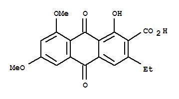 Molecular Structure of 118214-59-8 (2-Anthracenecarboxylicacid, 3-ethyl-9,10-dihydro-1-hydroxy-6,8-dimethoxy-9,10-dioxo-)