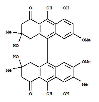 Molecular Structure of 118528-51-1 ([9,9'-Bianthracene]-4,4'(1H,1'H)-dione,2,2',3,3'-tetrahydro-2,2',5,5',10,10'-hexahydroxy-7,7'-dimethoxy-2,2',6-trimethyl-,(2S,2'S,10S)- (9CI))