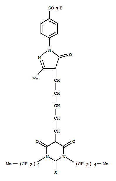 118702-43-5,Benzenesulfonic acid,4-[4-[5-(hexahydro-4,6-dioxo-1,3-dipentyl-2-thioxo-5-pyrimidinyl)-2,4-pentadien-1-ylidene]-4,5-dihydro-3-methyl-5-oxo-1H-pyrazol-1-yl]-,Benzenesulfonicacid,4-[4-[5-(hexahydro-4,6-dioxo-1,3-dipentyl-2-thioxo-5-pyrimidinyl)-2,4-pentadienylidene]-4,5-dihydro-3-methyl-5-oxo-1H-pyrazol-1-yl]-(9CI); RGA 339
