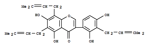 119061-10-8,4H-1-Benzopyran-4-one,3-[2,4-dihydroxy-3-(3-methyl-2-buten-1-yl)phenyl]-5,7-dihydroxy-6,8-bis(3-methyl-2-buten-1-yl)-,4H-1-Benzopyran-4-one,3-[2,4-dihydroxy-3-(3-methyl-2-butenyl)phenyl]-5,7-dihydroxy-6,8-bis(3-methyl-2-butenyl)-(9CI); Euchrenone b2