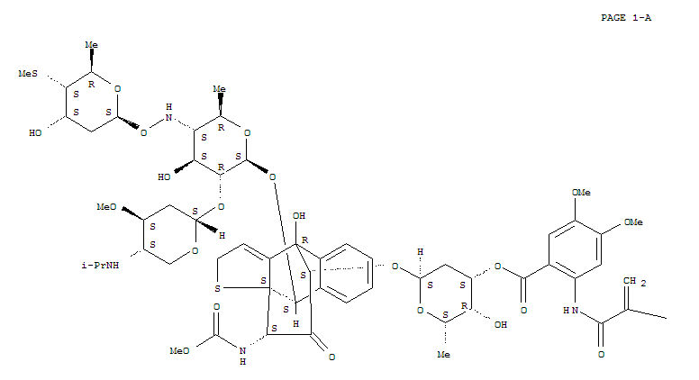 Molecular Structure of 119341-52-5 (Carbamic acid,[(4R,9S,9aS,10S,12S)-9-[[4,6-dideoxy-2-O-[2,4-dideoxy-3-O-methyl-4-[(1-methylethyl)amino]-a-L-threo-pentopyranosyl]-4-[[(2,6-dideoxy-4-S-methyl-4-thio-b-D-ribo-hexopyranosyl)oxy]amino]-b-D-glucopyranosyl]oxy]-12-[[2,6-dideoxy-3-O-[4,5-dimethoxy-2-[(2-methoxy-1-oxo-2-propenyl)amino]benzoyl]-a-L-lyxo-hexopyranosyl]oxy]-4,9-dihydro-4-hydroxy-11-oxo-2H-4,9a-propanonaphtho[2,3-b]thien-10-yl]-,methyl ester (9CI))