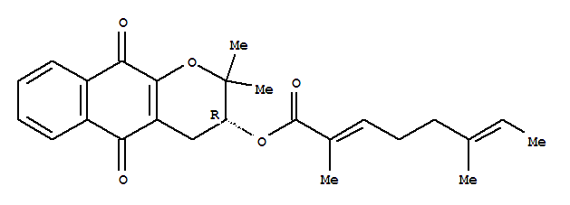 Molecular Structure of 119626-46-9 (2,6-Octadienoic acid,2,6-dimethyl-,(3R)-3,4,5,10-tetrahydro-2,2-dimethyl-5,10-dioxo-2H-naphtho[2,3-b]pyran-3-ylester)