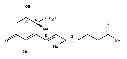 Molecular Structure of 119681-15-1 (2-Cyclohexene-1-carboxylicacid,6-hydroxy-1,3-dimethyl-2-[(1E,3Z)-3-methyl-7-oxo-1,3-octadien-1-yl]-4-oxo-,(1R,6S)-)