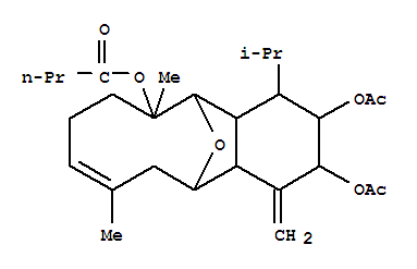 Molecular Structure of 120501-99-7 (Butanoic acid,(2R,3S,4R,4aR,5R,6R,9E,12R,12aR)-2,3-bis(acetyloxy)-1,2,3,4,4a,5,6,7,8,11,12,12a-dodecahydro-6,10-dimethyl-1-methylene-4-(1-methylethyl)-5,12-epoxybenzocyclodecen-6-ylester (9CI))