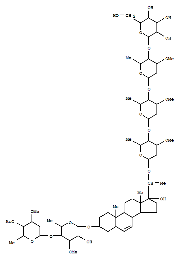 Molecular Structure of 120727-49-3 (b-D-Galactopyranoside, (3b,5a,20S)-20-[(O-b-D-glucopyranosyl-(1®4)-O-2,6-dideoxy-3-O-methyl-b-D-ribo-hexopyranosyl-(1®4)-O-2,6-dideoxy-3-O-methyl-b-D-arabino-hexopyranosyl-(1®4)-2,6-dideoxy-3-O-methyl-b-D-arabino-hexopyranosyl)oxy]-17-hydroxypregn-6-en-3-yl4-O-(4-O-acetyl-2,6-dideoxy-3-O-methyl-a-L-xylo-hexopyranosyl)-6-deoxy-3-O-methyl- (9CI))