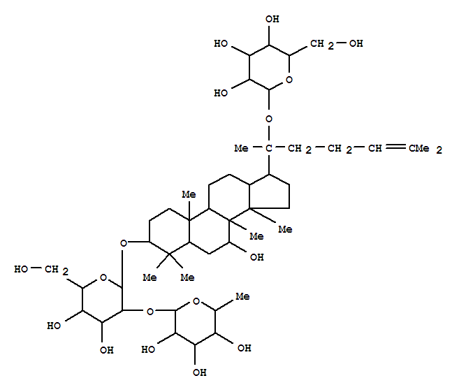 Molecular Structure of 120727-78-8 (b-D-Glucopyranoside, (3b,7b)-20-(b-D-glucopyranosyloxy)-7-hydroxydammar-24-en-3-yl 2-O-(6-deoxy-a-L-mannopyranosyl)- (9CI))