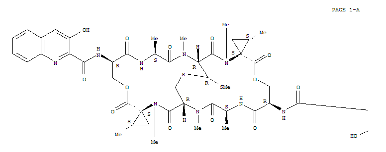 Molecular Structure of 120796-23-8 (Cyclopropanecarboxylicacid,N-[(3-hydroxy-2-quinolinyl)carbonyl]-D-seryl-L-alanyl-(3R)-3-mercapto-N,S-dimethyl-L-cysteinyl-2-methyl-1-(methylamino)-,(4®1'),(4'®1)-dilactone withN-[(3-hydroxy-2-quinolinyl)carbonyl]-D-seryl-L-alanyl-N-methyl-L-cysteinyl-(1S,2S)-2-methyl-1-(methylamino)cyclopropanecarboxylicacid, cyclic (3®3')-thioether,(1S,2S)-)