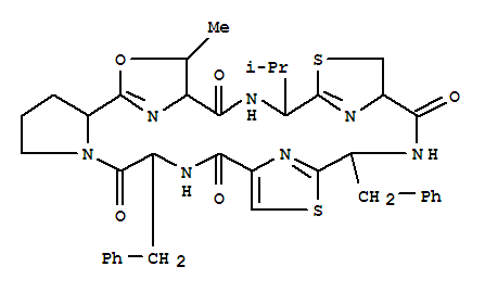 121209-53-8,Lissoclinamide 6,Ulicyclamide,7-de(1-methylpropyl)-10,11-dihydro-7-(1-methylethyl)-36-phenyl-, (7R,11R)-;3H,12H-4,1:11,8:18,15-Trinitrilo-1H-pyrrolo[2,1-c][1,11,18,4,7,14,21]oxadithiatetraazacyclotetracosine,ulicyclamide deriv.;3H,12H-4,1:11,8:18,15-Trinitrilo-1H-pyrrolo[2,1-c][1,11,18,4,7,14,21]oxadithiatetraazacyclotetracosine-5,12,19,22(4H)-tetrone,6,7,10,11,13,14,20,21,24,25,26,26a-dodecahydro-3-methyl-7-(1-methylethyl)-14,21-bis(phenylmethyl)-,[3R-(3R*,4S*,7R*,11R*,14R*,21S*,26aS*)]-; Lissoclinamide 6