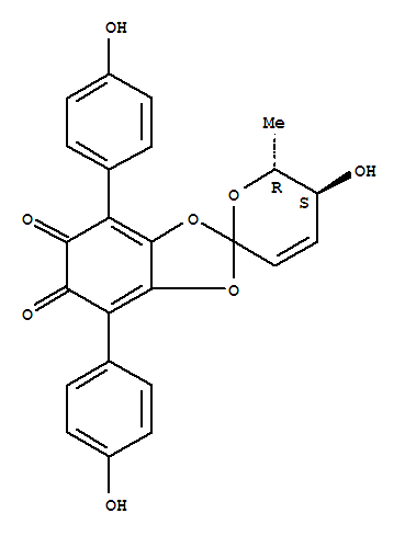 Molecular Structure of 121254-57-7 (Spiro[1,3-benzodioxole-2,2'-[2H]pyran]-5,6-dione,5',6'-dihydro-5'-hydroxy-4,7-bis(4-hydroxyphenyl)-6'-methyl-, (5'S,6'R)-)