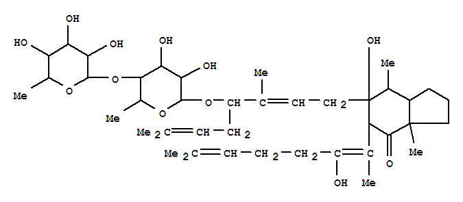 Molecular Structure of 121541-66-0 (4H-Inden-4-one,6-[4-[[6-deoxy-4-O-(6-deoxy-a-L-mannopyranosyl)-b-D-galactopyranosyl]oxy]-3,7-dimethyl-2,6-octadienyl]octahydro-6-hydroxy-5-(3-hydroxy-2,6-dimethyl-1,5-heptadienyl)-3a,7-dimethyl-(9CI))