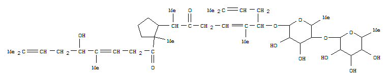 Molecular Structure of 121541-67-1 (5,9-Undecadien-3-one,7-[[6-deoxy-4-O-(6-deoxy-a-L-mannopyranosyl)-b-D-galactopyranosyl]oxy]-2-[2-(5-hydroxy-4,8-dimethyl-1-oxo-3,7-nonadienyl)-2-methylcyclopentyl]-6,10-dimethyl-(9CI))