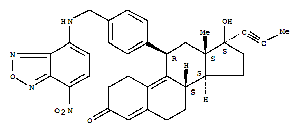 121548-81-0,(11beta,17alpha)-17-hydroxy-11-(4-{[(7-nitro-2,1,3-benzoxadiazol-4-yl)amino]methyl}phenyl)-17-(prop-1-yn-1-yl)estra-4,9-dien-3-one,Estra-4,9-dien-3-one,17-hydroxy-11-[4-[[(7-nitro-4-benzofurazanyl)amino]methyl]phenyl]-17-(1-propynyl)-,(11b,17b)-; 2,1,3-Benzoxadiazole, estra-4,9-dien-3-one deriv.;RU 45196