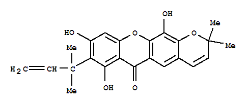 Molecular Structure of 121825-53-4 (2H,6H-Pyrano[3,2-b]xanthen-6-one,8-(1,1-dimethyl-2-propen-1-yl)-7,9,12-trihydroxy-2,2-dimethyl-)