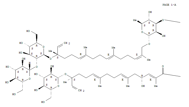 121924-07-0,b-D-Glucopyranoside,(1S,4E,8E,12Z)-14-[[O-6-deoxy-3-O-[(2E,4R,6E,10E,14S)-14-(b-D-glucopyranosyloxy)-4-hydroxy-2,6,10,14-tetramethyl-1-oxo-2,6,10,15-hexadecatetraenyl]-a-L-mannopyranosyl-(1®6)-O-b-D-glucopyranosyl-(1®3)-6-deoxy-a-L-mannopyranosyl]oxy]-1-ethenyl-1,5,9,13-tetramethyl-4,8,12-tetradecatrienyl2-O-b-D-glucopyranosyl- (9CI),CapsianosideB; Capsianside B