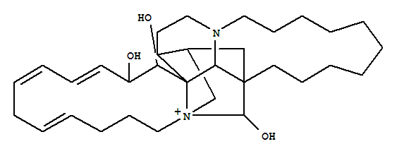 Molecular Structure of 123117-93-1 (1H,16aH-2,16:16,29-Dimethanoazacyclotridecino[1'',2'':1',2']pyrido[3',4':2,3]pyrrolo[1,2-a]azacyclotetradecin-29-ium,2,2a,3,4,6,7,8,9,10,11,12,13,14,15,17,18,23,26,27,28-eicosahydro-17,18,30-trihydroxy-,(2S,2aR,16R,16aS,16bS,17S,18R,19E,21Z,24Z,29S,30S)-)