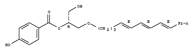 Molecular Structure of 123231-45-8 (Benzoic acid,4-hydroxy-, (1R)-2-[(4E,6E,8E)-4,6,8-dodecatrienyloxy]-1-(hydroxymethyl)ethylester (9CI))