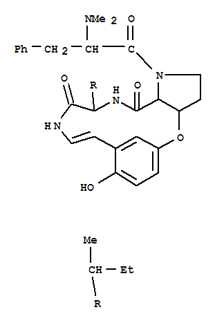 Molecular Structure of 123237-21-8 (5,9-Metheno-9H-pyrrolo[3,2-b][1,5,8]oxadiazacyclopentadecine-13,16(1H,12H)-dione,1-[2-(dimethylamino)-1-oxo-3-phenylpropyl]-2,3,3a,14,15,16a-hexahydro-8-hydroxy-14-(1-methylpropyl)-(9CI))