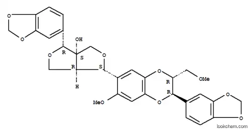 Molecular Structure of 124019-44-9 (1H,3H-Furo[3,4-c]furan-3a(4H)-ol,4-(1,3-benzodioxol-5-yl)-1-[(2R,3R)-2-(1,3-benzodioxol-5-yl)-2,3-dihydro-7-methoxy-3-(methoxymethyl)-1,4-benzodioxin-6-yl]dihydro-,(1S,3aS,4R,6aR)- (9CI))