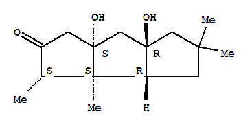 Molecular Structure of 124724-98-7 (2H-Cyclopenta[a]pentalen-2-one,decahydro-6a,7a-dihydroxy-3,3a,5,5-tetramethyl-, (3R,3aR,3bS,6aS,7aR)-rel-(-)-)