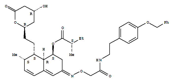 Molecular Structure of 124773-86-0 (Butanoic acid,2-methyl-,(1S,7S,8S,8aR)-1,2,3,7,8,8a-hexahydro-7-methyl-3-[[2-oxo-2-[[2-[4-(phenylmethoxy)phenyl]ethyl]amino]ethoxy]imino]-8-[2-[(2R,4R)-tetrahydro-4-hydroxy-6-oxo-2H-pyran-2-yl]ethyl]-1-naphthalenylester, (2S)-)