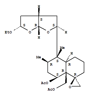 Molecular Structure of 124815-92-5 (Spiro[naphthalene-1(8aH),2'-oxirane]-8a-methanol,8-(acetyloxy)-5-[(2S,3aS,5S,6aR)-5-ethoxyhexahydrofuro[2,3-b]furan-2-yl]octahydro-5,6-dimethyl-,acetate, (1R,4aR,5S,6R,8S,8aR)- (9CI))